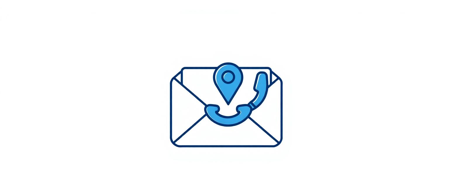 Illustration of an envelope, phone handset and location pin