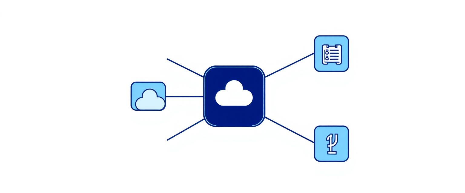 Illustration of a central hub connected to calendar, cloud and API tiles